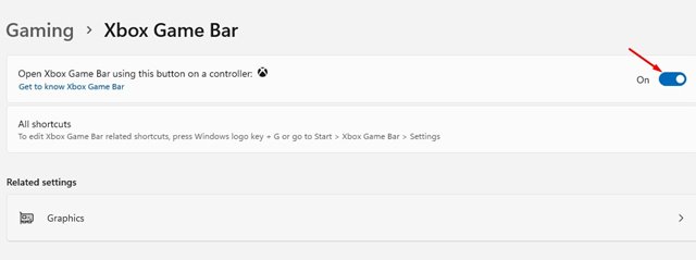 habilite o botão de alternância para 'Abrir Xbox Game Bar usando este botão'