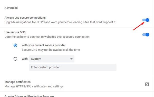 enable the 'Always use secure connections' option
