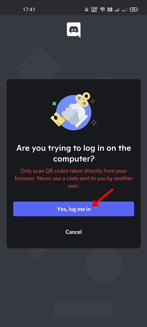 tap on the Yes, log me in button