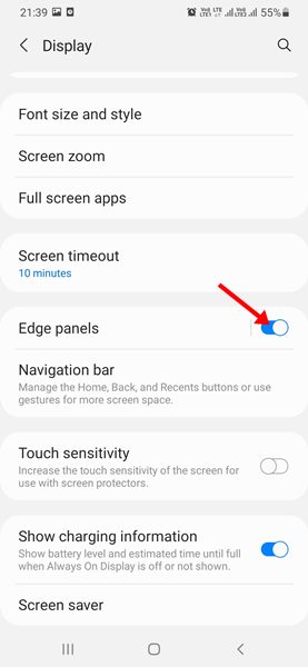 Enable the toggle for Edge Panels