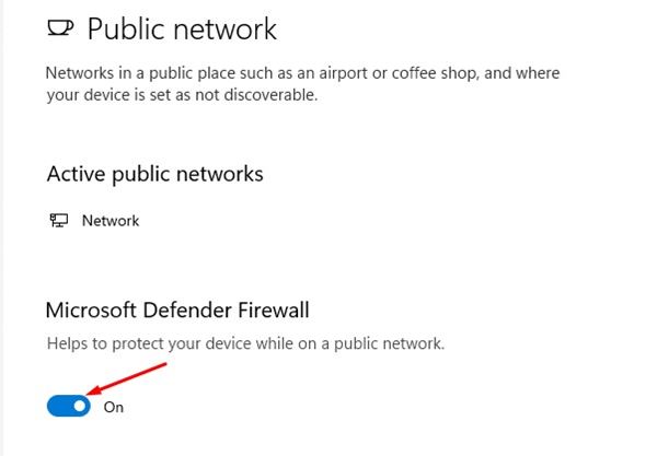 povolte přepínací tlačítko pro bránu Microsoft Defender Firewall