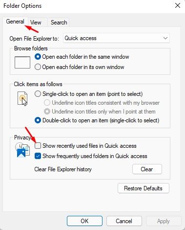 uncheck the 'Show recently used files in Quick Access'