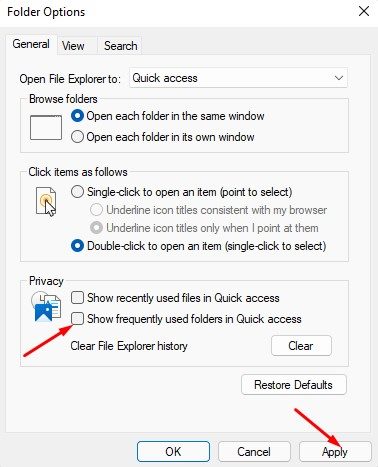 uncheck the 'Show frequently used folders in Quick access'