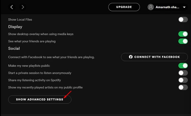 click on the 'Show Advanced Settings' button