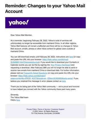 Yahoo Mail to Officially Stop Its Service in China from February 28!