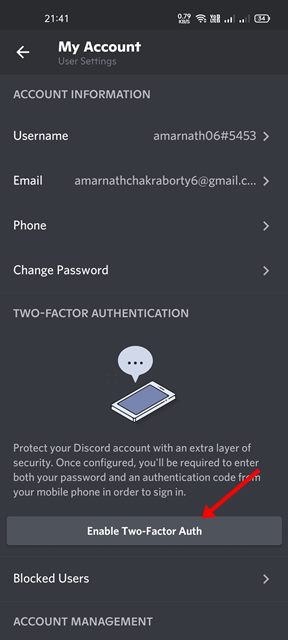 Enable Two-Factor Auth button