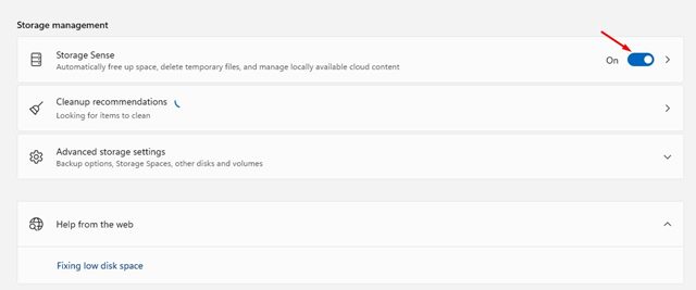 aktifkan opsi Storage Sense