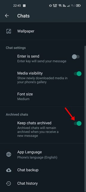 enable to toggle for Keep chats archived