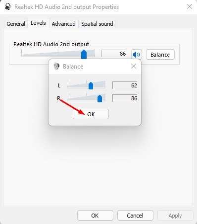 regolare i livelli di bilanciamento audio per i canali sinistro e destro