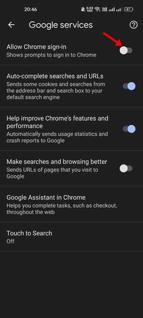 disable the toggle for Allow Chrome sign-in