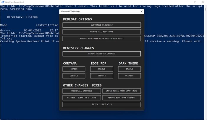 Windows10Debloater-grensesnitt