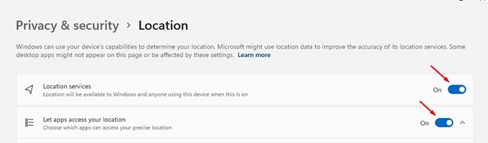 turn on the toggle switch for Location Services