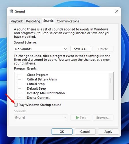 uncheck the option 'Play Windows Startup sound'