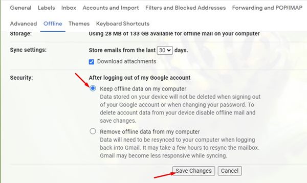 select 'Keep offline data on my computer'