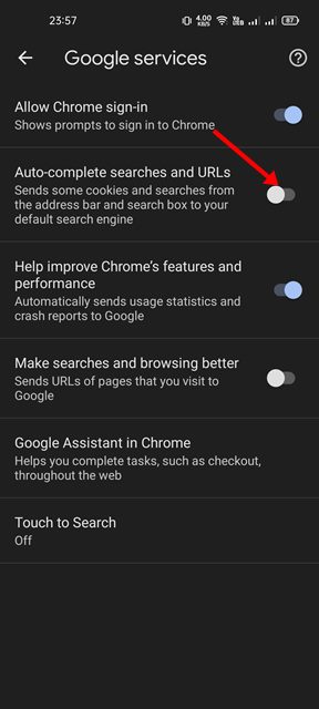 Turn off the 'Autocomplete searches and URLs' option