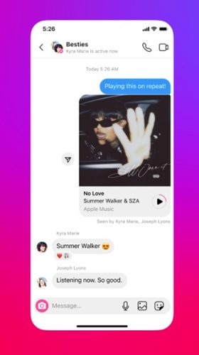 Compartilhe visualizações de música em mensagens do Instagram