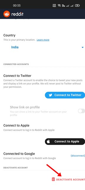 tap on the Deactivate account option
