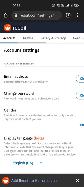 Reddit account settings
