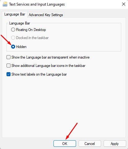 select 'Hidden' for the Language bar