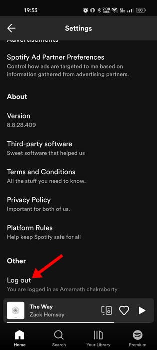 Log out of Spotify and log in again