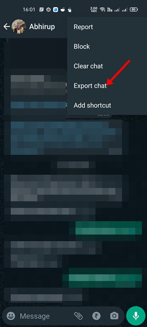 tap on the Export Chat