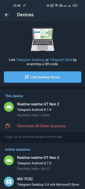 lihat semua perangkat yang Anda gunakan untuk masuk ke Telegram