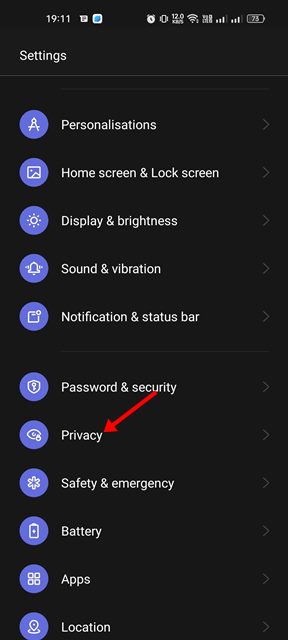 tap on the Privacy option
