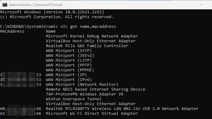 MAC address of the network adapters