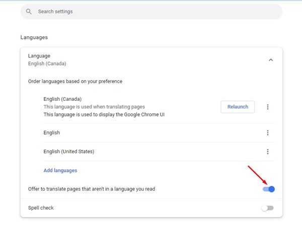 enable the toggle for 'Offer to translate pages that aren't in a language you read'