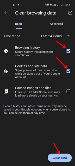 Cookies, site data, and Cached images and files