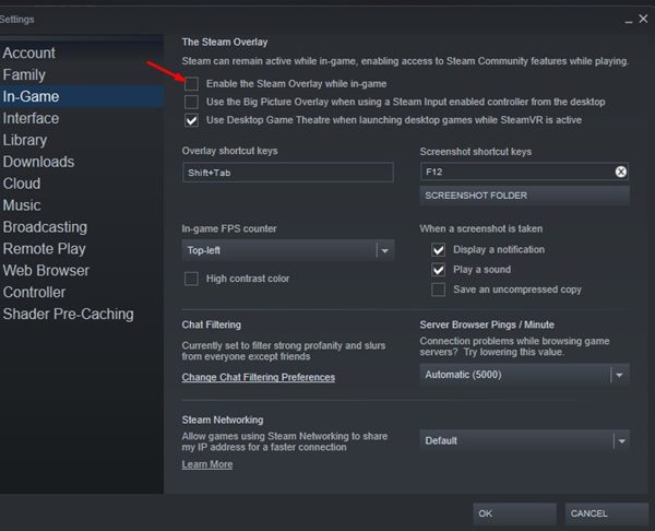 uncheck the 'Enable the Steam Overlay while in-game' option