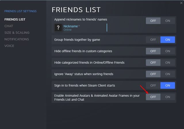 vypněte možnost „Povolit animované avatary a animované rámečky avatarů ve vašem seznamu přátel a chatu“