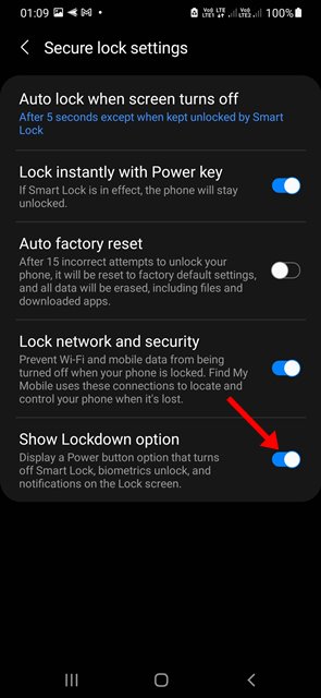enable the toggle for 'Show lockdown option'