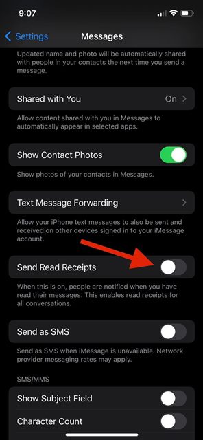 disable the toggle for 'Send Read Receipts'