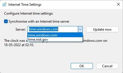 select a different internet time server