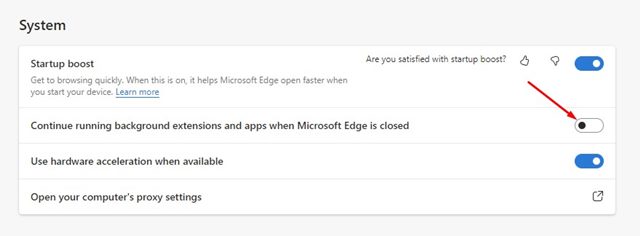 disable the 'Continue running background extensions and apps when Microsoft Edge is closed'