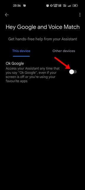 toggle off the switch for 'Ok Google'