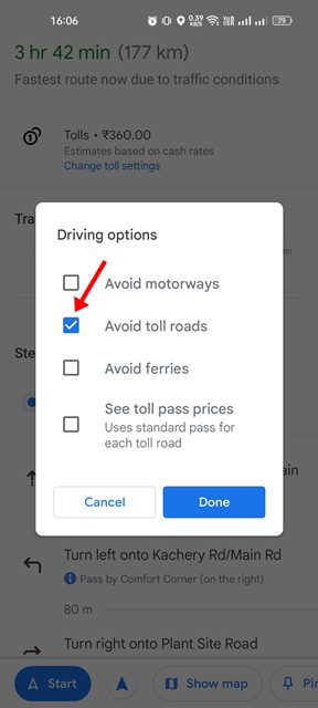 enable to toggle for Avoid tolls