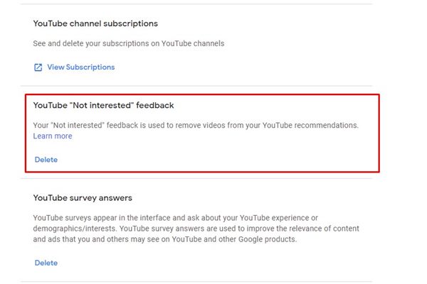 YouTube 'Not interested' feedback
