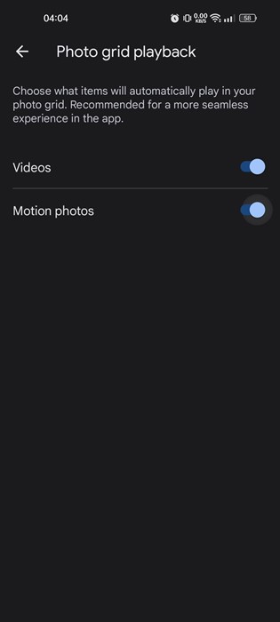 turn on the toggle for 'Videos' and 'Motion Photos'