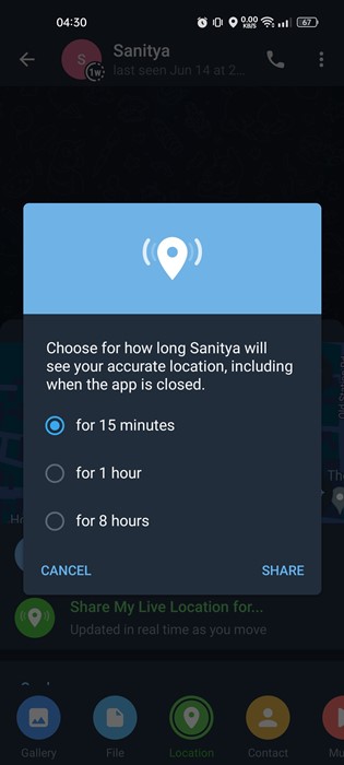 select how long you want to share your live location