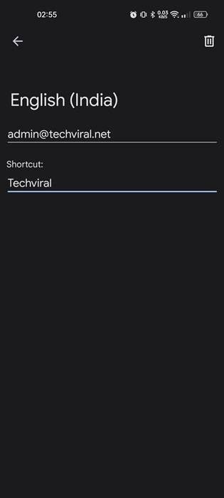 text shortcut in the second box