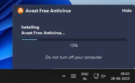 Avast Free Antivirus yüklenene kadar bekleyin