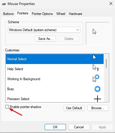 uncheck the Enable pointer shadow 
