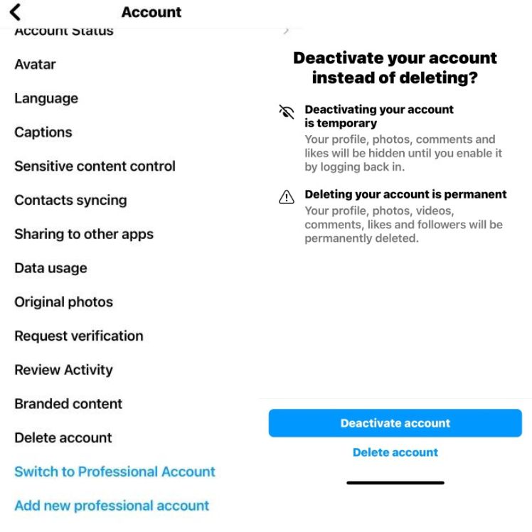Instagram está agregando la opción de eliminación de cuenta para usuarios de iOS