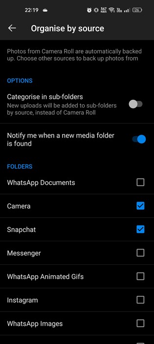 select the folders you want to include