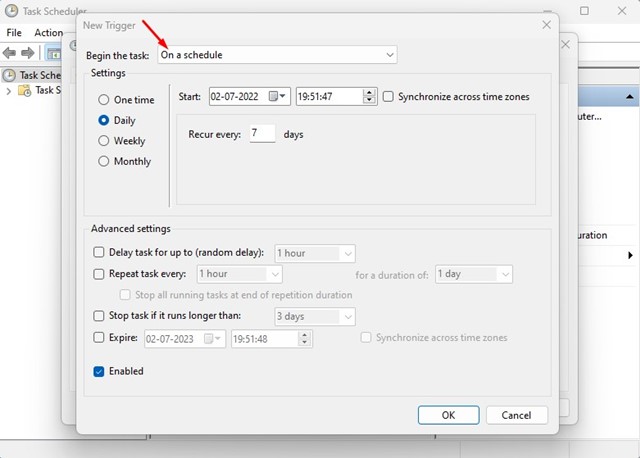 configure the scheduling settings (date, time, and frequency)