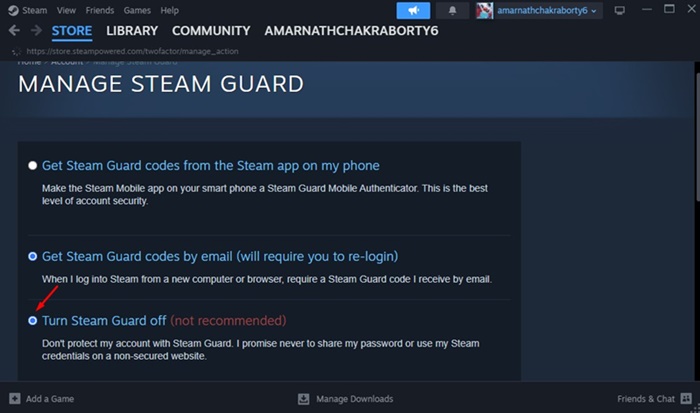 Turn Steam Guard off (not recommended)