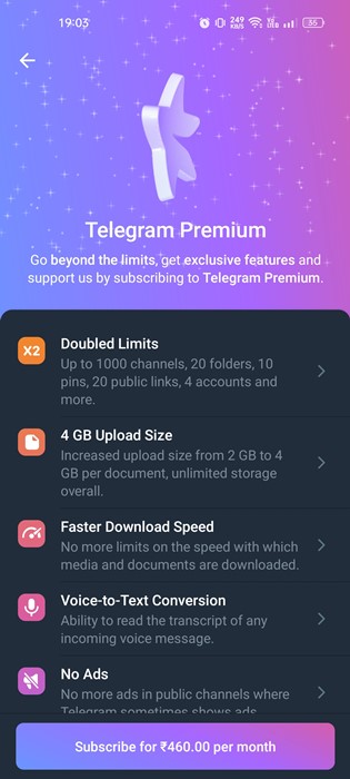 tất cả các tính năng của Telegram Premium