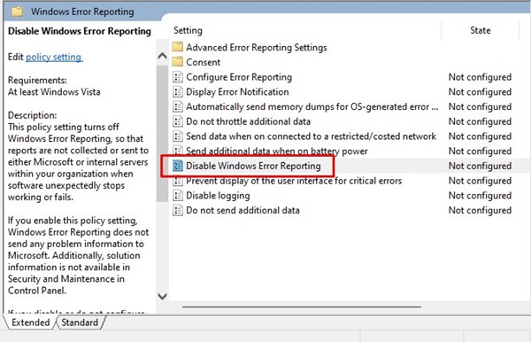 Disable Windows Error Reporting